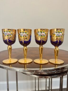 4 1960’s Italian Murano Glass Wine Glasses Hand Blown 24kt. Gold Enamel